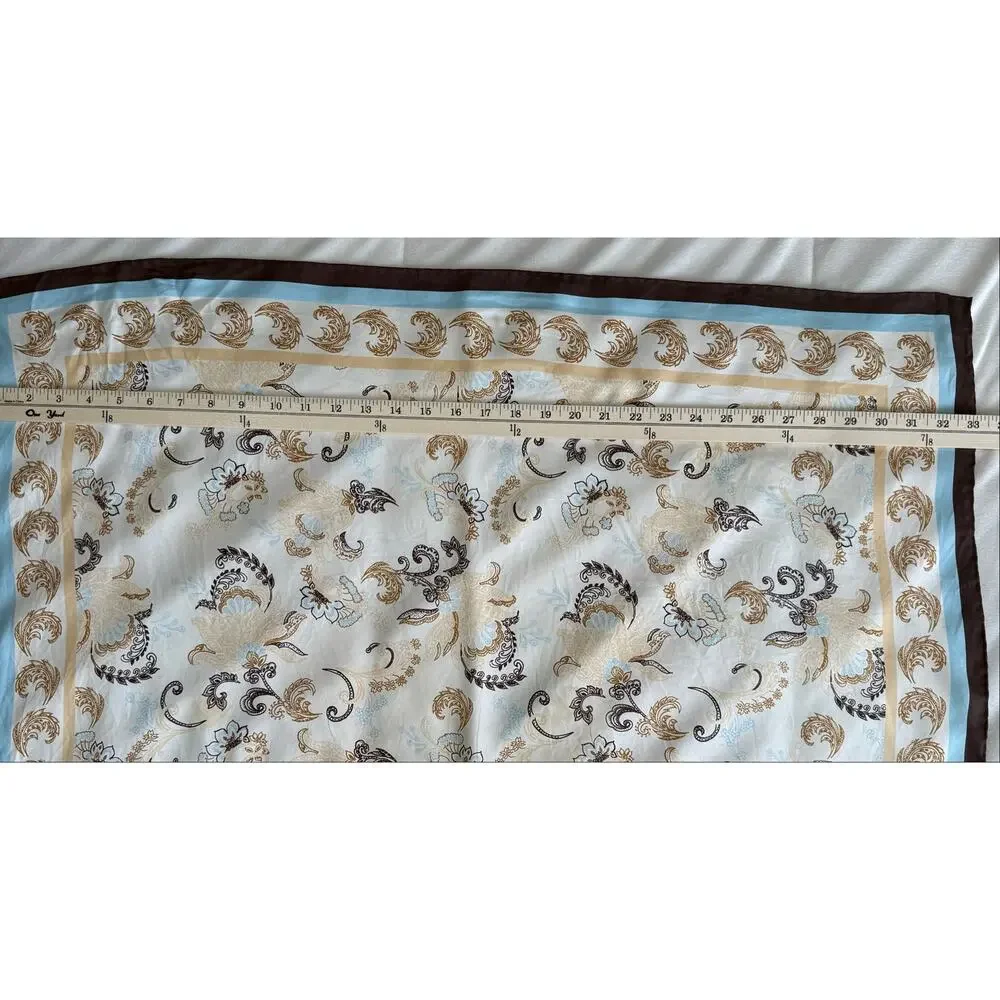Vintage Style Paisley Floral Square Satin Scarf 34” Blue Brown Cream